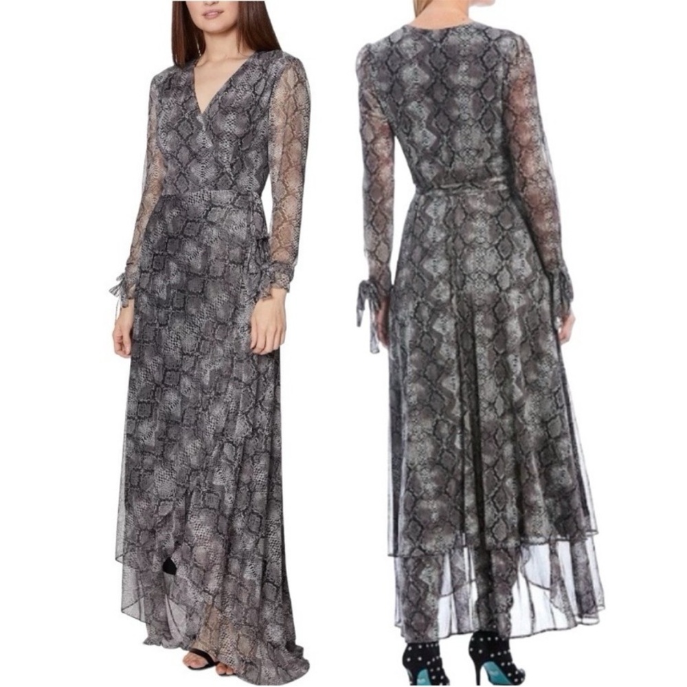 Betsey Johnson Snake Print Bow Sleeve Wrap Maxi Dress Gray Black Evening Formal - Picture 3 of 16